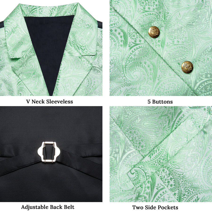 Mint Green Paisley Notched Collar Vest Set vest set    - Sophisticated Gentlemen