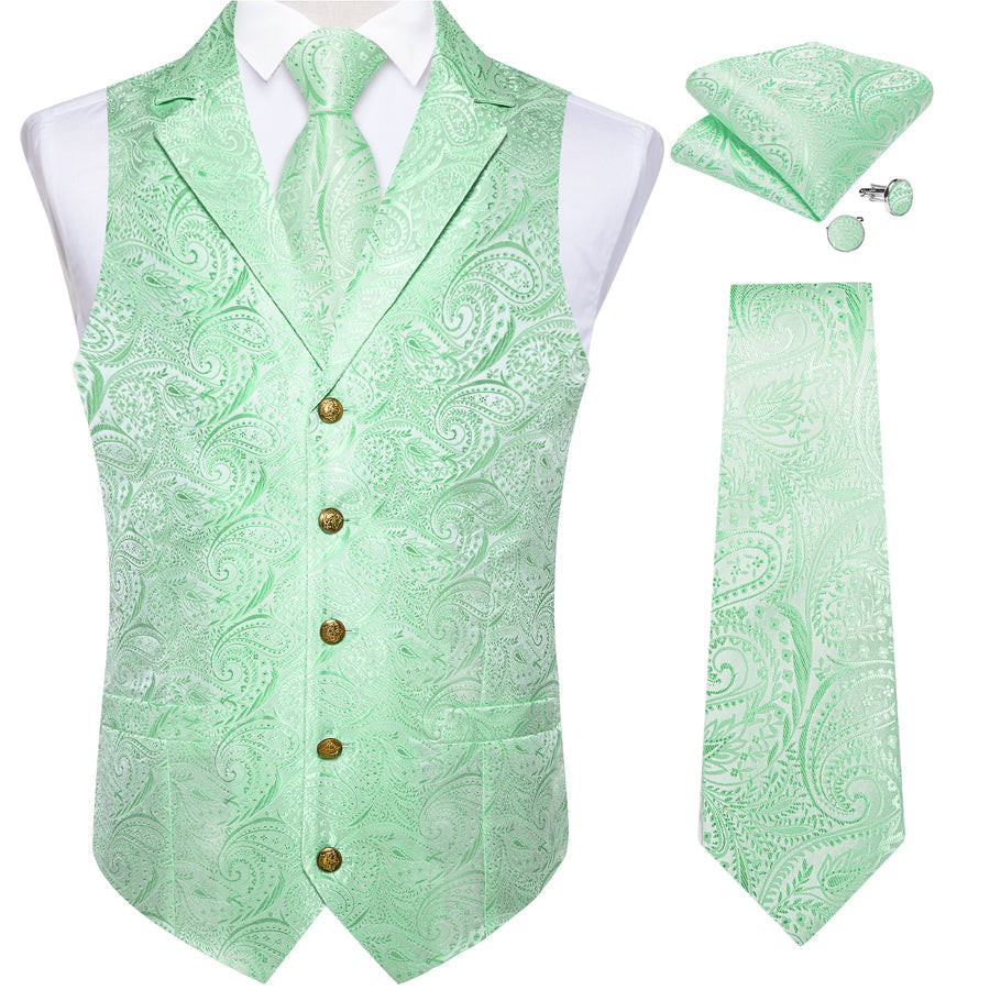Mint Green Paisley Notched Collar Vest Set vest set    - Sophisticated Gentlemen