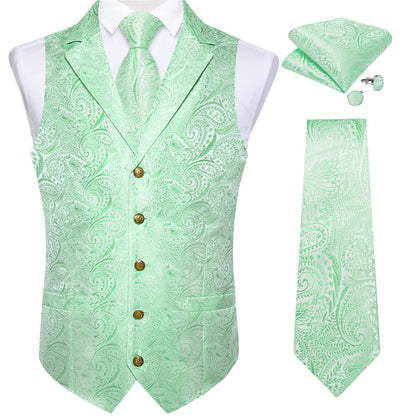 Mint Green Paisley Notched Collar Vest Set vest set    - Sophisticated Gentlemen