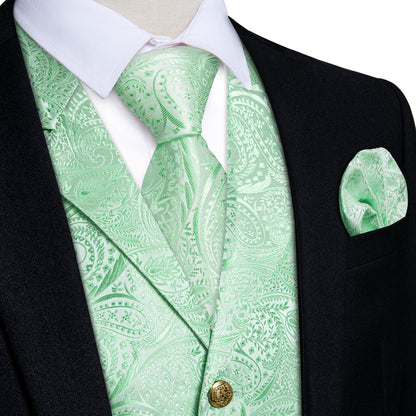 Mint Green Paisley Notched Collar Vest Set vest set S (Chest 40")   - Sophisticated Gentlemen
