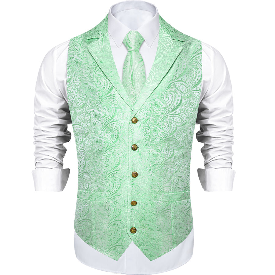 Mint Green Paisley Notched Collar Vest Set vest set    - Sophisticated Gentlemen