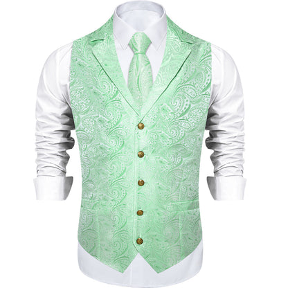 Mint Green Paisley Notched Collar Vest Set vest set    - Sophisticated Gentlemen