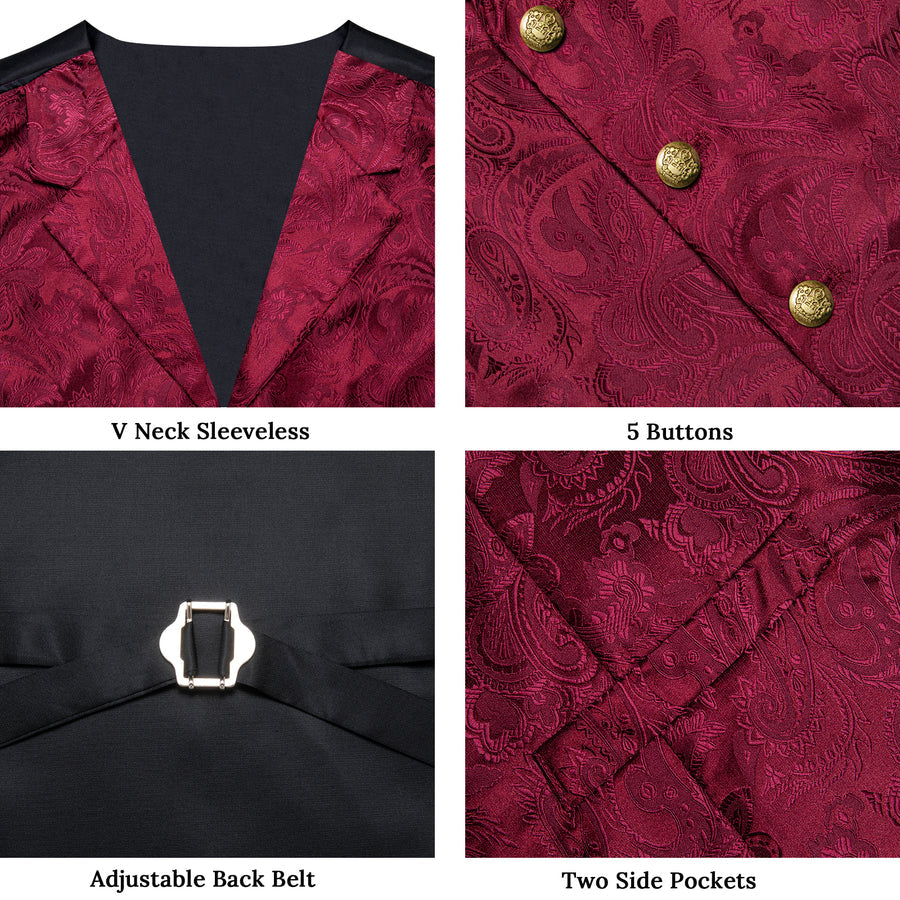 Burgundy Red Luxury Paisley Jacquard Men's Collar Vest Set vest set    - Sophisticated Gentlemen
