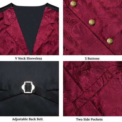Burgundy Red Luxury Paisley Jacquard Men's Collar Vest Set vest set    - Sophisticated Gentlemen