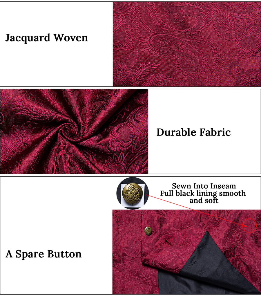 Burgundy Red Luxury Paisley Jacquard Men's Collar Vest Set vest set    - Sophisticated Gentlemen