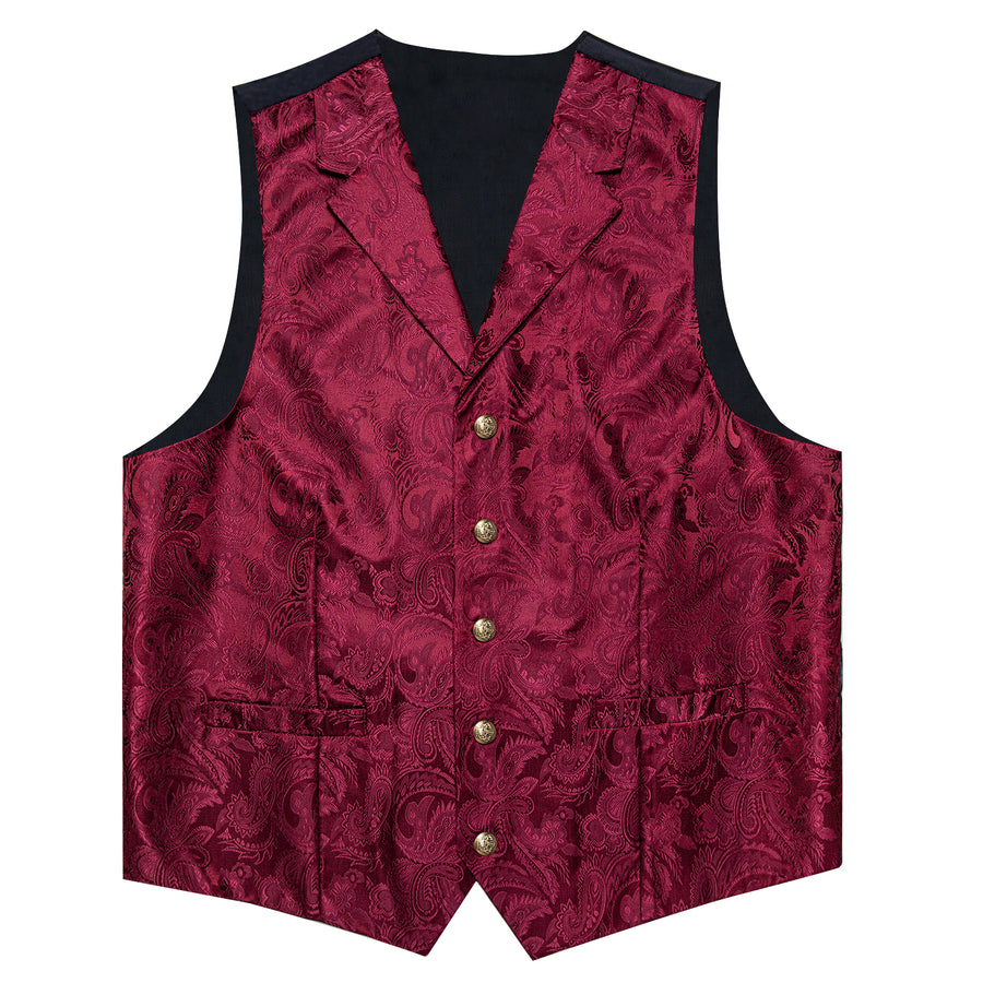Burgundy Red Luxury Paisley Jacquard Men's Collar Vest Set vest set    - Sophisticated Gentlemen