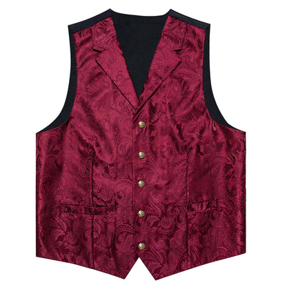 Burgundy Red Luxury Paisley Jacquard Men's Collar Vest Set vest set    - Sophisticated Gentlemen