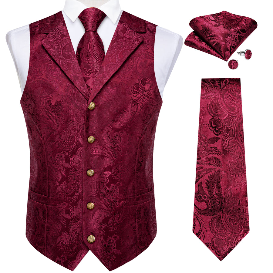 Burgundy Red Luxury Paisley Jacquard Men's Collar Vest Set vest set    - Sophisticated Gentlemen