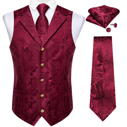 Burgundy Red Luxury Paisley Jacquard Men's Collar Vest Set vest set    - Sophisticated Gentlemen