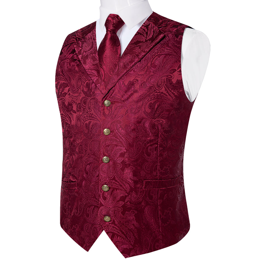 Burgundy Red Luxury Paisley Jacquard Men's Collar Vest Set vest set    - Sophisticated Gentlemen