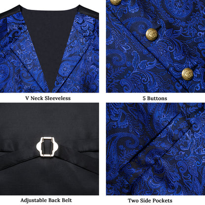 Royal Blue Luxury Paisley Jacquard Men's Collar Vest Set vest set    - Sophisticated Gentlemen