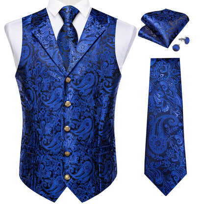 Royal Blue Luxury Paisley Jacquard Men's Collar Vest Set vest set    - Sophisticated Gentlemen