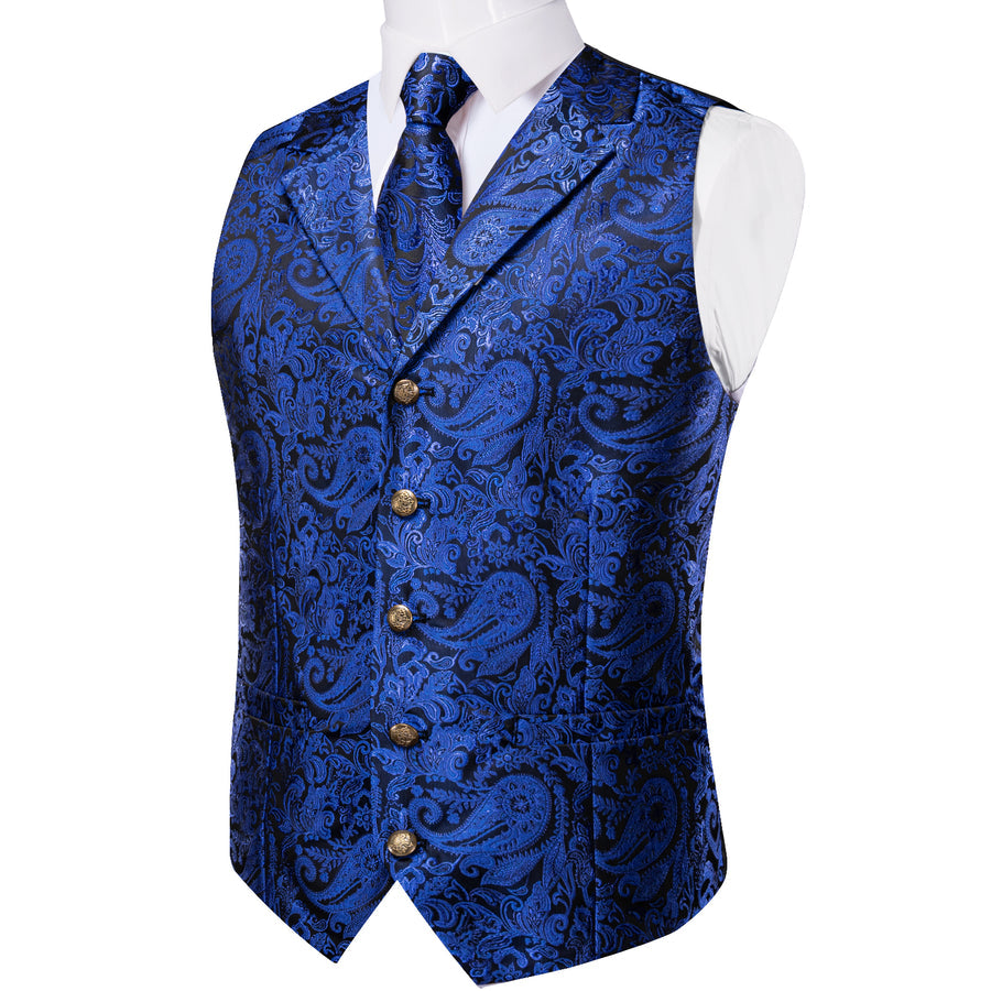 Royal Blue Luxury Paisley Jacquard Men's Collar Vest Set vest set    - Sophisticated Gentlemen