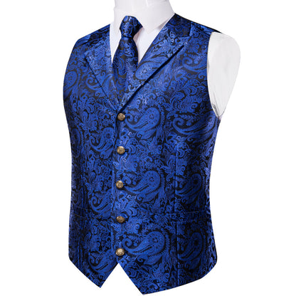 Royal Blue Luxury Paisley Jacquard Men's Collar Vest Set vest set    - Sophisticated Gentlemen