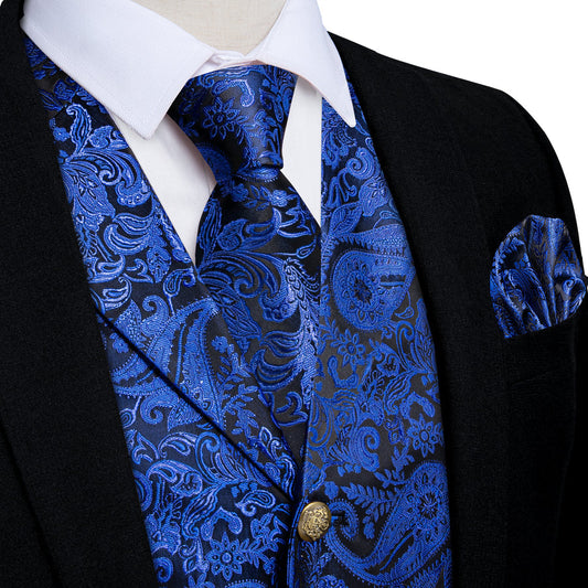 Royal Blue Luxury Paisley Jacquard Men's Collar Vest Set vest set S (Chest 40")   - Sophisticated Gentlemen
