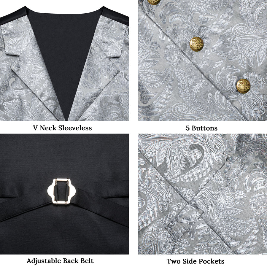 Silver Luxury Paisley Jacquard Men's Vest Set vest set    - Sophisticated Gentlemen