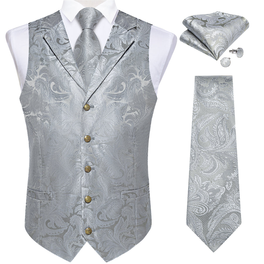 Silver Luxury Paisley Jacquard Men's Vest Set vest set    - Sophisticated Gentlemen