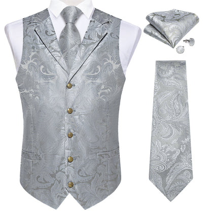 Silver Luxury Paisley Jacquard Men's Vest Set vest set    - Sophisticated Gentlemen