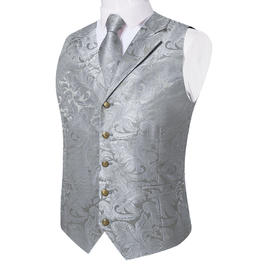 Silver Luxury Paisley Jacquard Men's Vest Set vest set    - Sophisticated Gentlemen