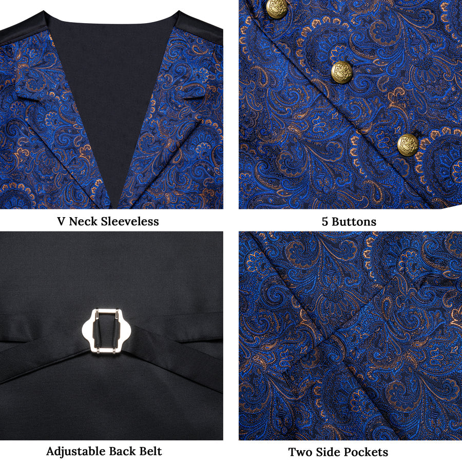 Dark Blue Yellow Luxury Paisley Jacquard Men's Vest Set vest set    - Sophisticated Gentlemen