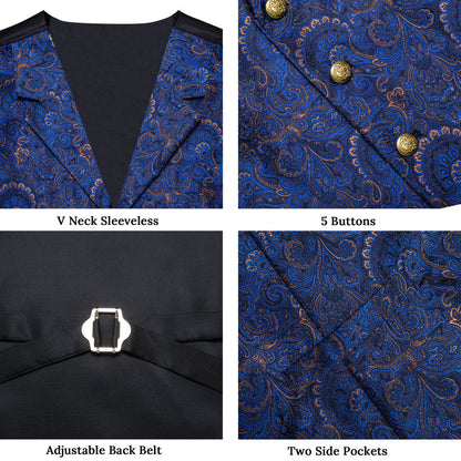 Dark Blue Yellow Luxury Paisley Jacquard Men's Vest Set vest set    - Sophisticated Gentlemen