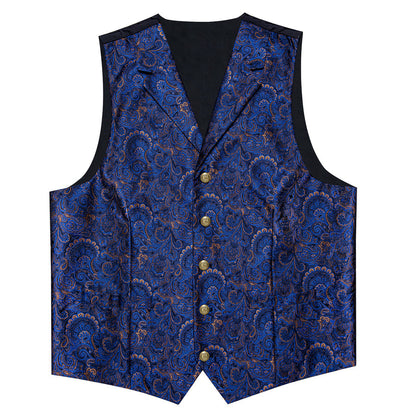 Dark Blue Yellow Luxury Paisley Jacquard Men's Vest Set vest set    - Sophisticated Gentlemen