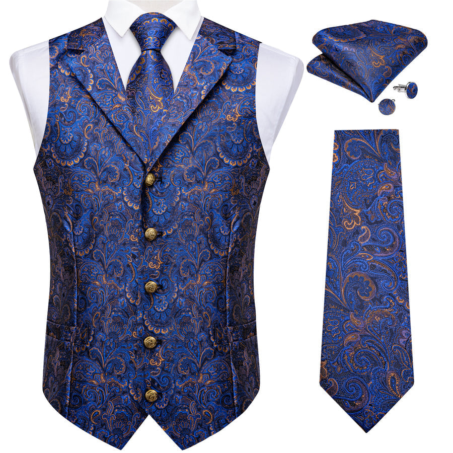 Dark Blue Yellow Luxury Paisley Jacquard Men's Vest Set vest set    - Sophisticated Gentlemen