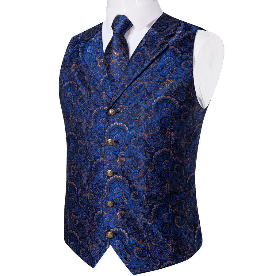 Dark Blue Yellow Luxury Paisley Jacquard Men's Vest Set vest set    - Sophisticated Gentlemen