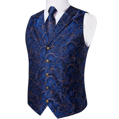 Dark Blue Yellow Luxury Paisley Jacquard Men's Vest Set vest set    - Sophisticated Gentlemen