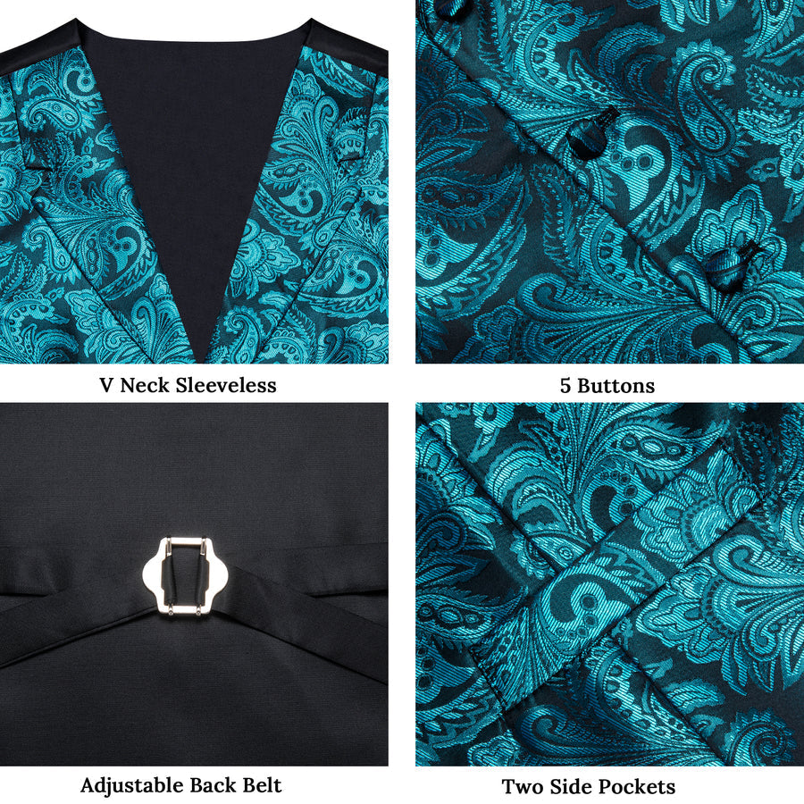 Turquoise Luxury Paisley Jacquard Men's Collar Vest Set vest set    - Sophisticated Gentlemen