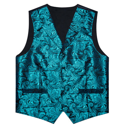 Turquoise Luxury Paisley Jacquard Men's Collar Vest Set vest set    - Sophisticated Gentlemen