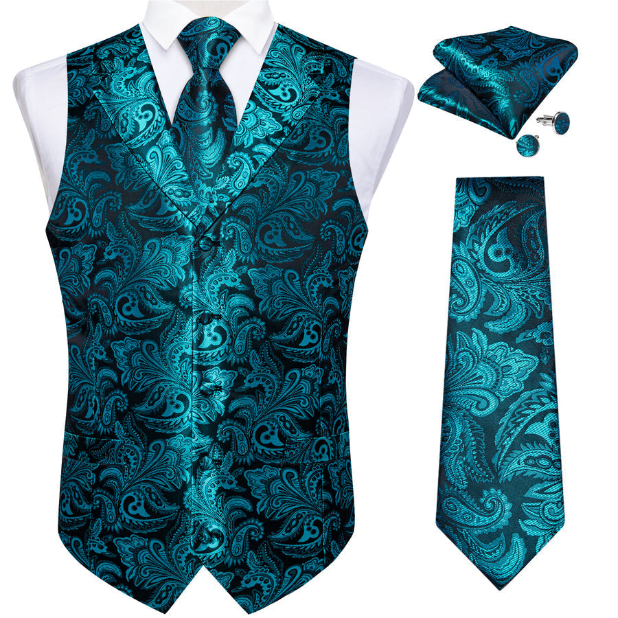 Turquoise Luxury Paisley Jacquard Men's Collar Vest Set vest set    - Sophisticated Gentlemen
