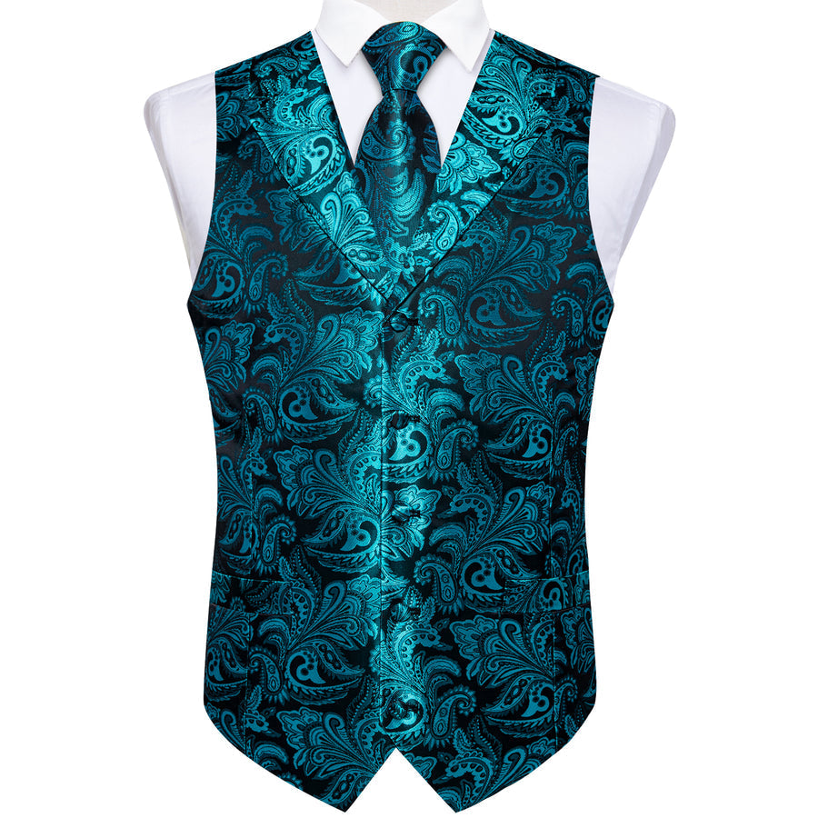 Turquoise Luxury Paisley Jacquard Men's Collar Vest Set vest set    - Sophisticated Gentlemen
