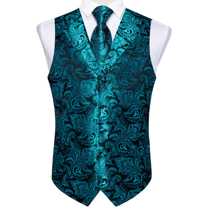 Turquoise Luxury Paisley Jacquard Men's Collar Vest Set vest set    - Sophisticated Gentlemen