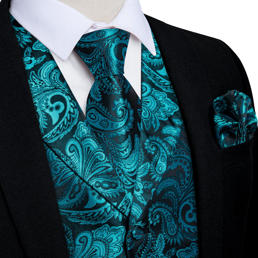 Turquoise Luxury Paisley Jacquard Men's Collar Vest Set vest set S (Chest 40")   - Sophisticated Gentlemen