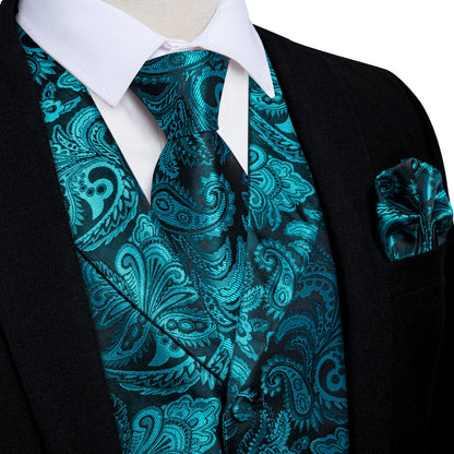 Turquoise Luxury Paisley Jacquard Men's Collar Vest Set vest set S (Chest 40")   - Sophisticated Gentlemen