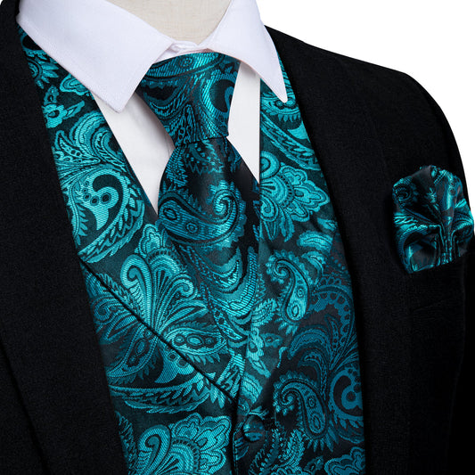 Turquoise Luxury Paisley Jacquard Men's Collar Vest Set vest set S (Chest 40")   - Sophisticated Gentlemen