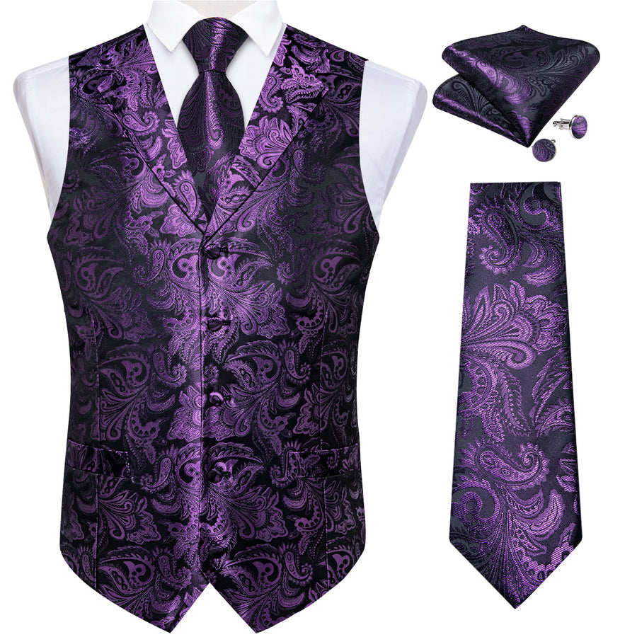 Purple Luxury Paisley Jacquard Men's Collar Vest Set vest set    - Sophisticated Gentlemen