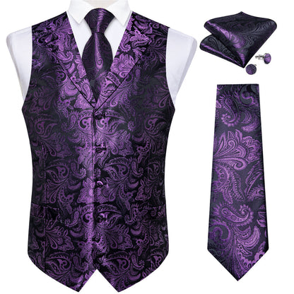 Purple Luxury Paisley Jacquard Men's Collar Vest Set vest set    - Sophisticated Gentlemen
