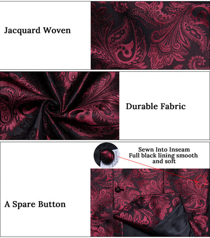 Burgundy Red Luxury Paisley Jacquard Men's Collar Vest Set vest set    - Sophisticated Gentlemen