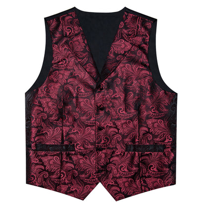 Burgundy Red Luxury Paisley Jacquard Men's Collar Vest Set vest set    - Sophisticated Gentlemen