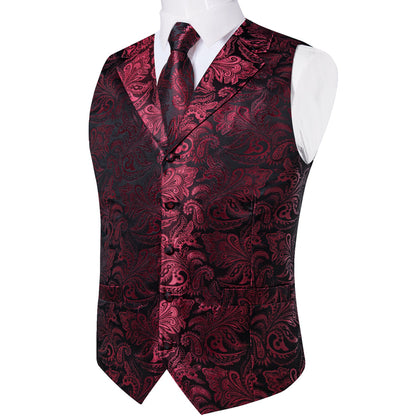 Burgundy Red Luxury Paisley Jacquard Men's Collar Vest Set vest set    - Sophisticated Gentlemen