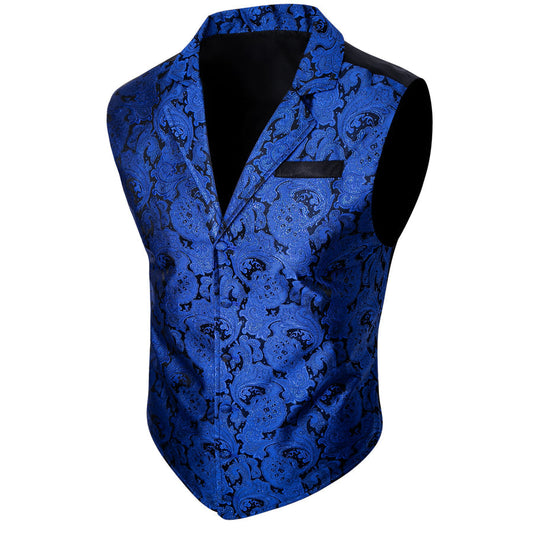 Black Blue Paisley Jacquard Men's Collar Victorian Suit Vest Set vest set S (Chest 40")   - Sophisticated Gentlemen