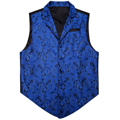 Black Blue Paisley Jacquard Men's Collar Victorian Suit Vest Set vest set    - Sophisticated Gentlemen