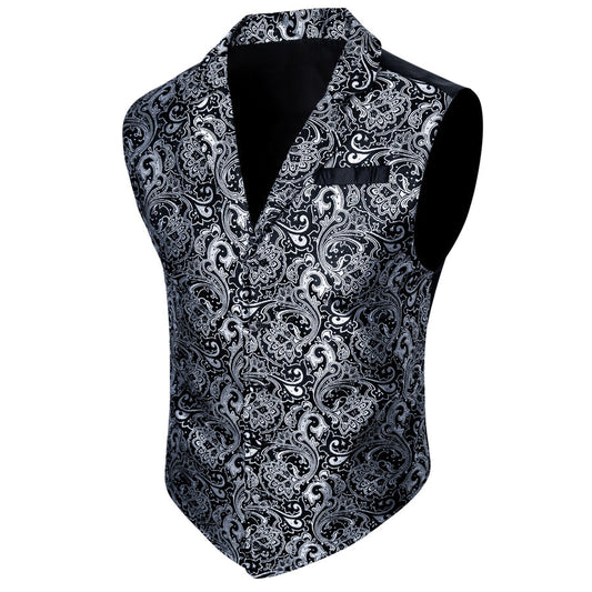 Black White Paisley Jacquard Men's Collar Victorian Vest Set vest set S (Chest 40")   - Sophisticated Gentlemen