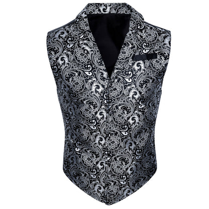 Black White Paisley Jacquard Men's Collar Victorian Vest Set vest set    - Sophisticated Gentlemen