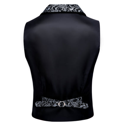 Black White Paisley Jacquard Men's Collar Victorian Vest Set vest set    - Sophisticated Gentlemen