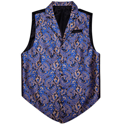 Black Blue Paisley Jacquard Men's Collar Victorian Suit Vest Set vest set    - Sophisticated Gentlemen