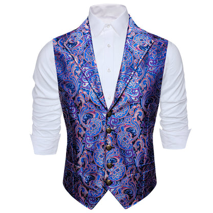 Purple Blue Paisley Jacquard Men's Collar Vest Set vest set    - Sophisticated Gentlemen