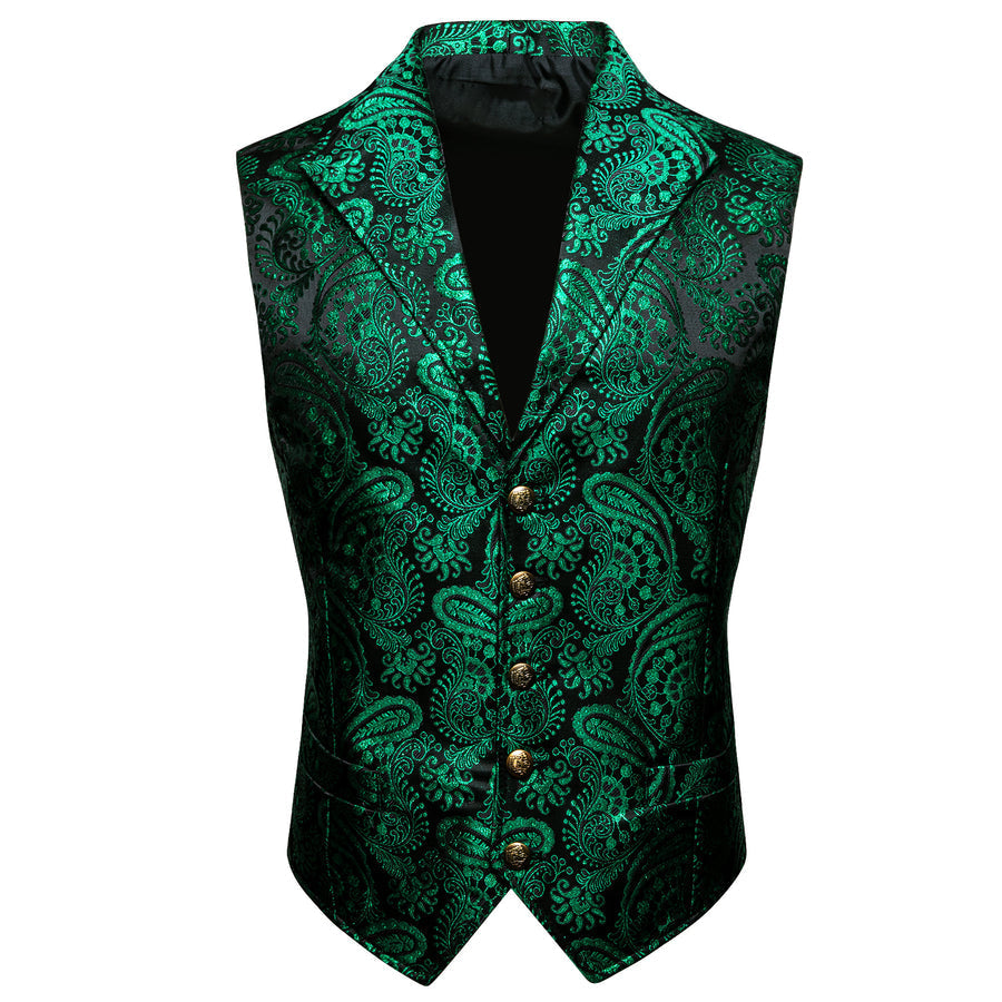 Green Black Paisley Jacquard Men's Collar Suit Vest Set vest set    - Sophisticated Gentlemen